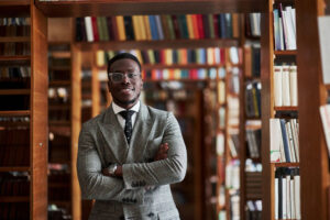 standing in library