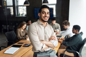 entrepreneur sitting on desk after meeting