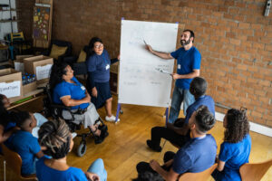 talking in a meeting with volunteers