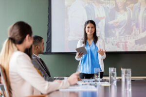 businesswoman at charity event meeting