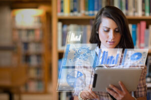 woman working on her futuristic tablet