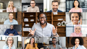 Group of people attending online organizational leadership programs.