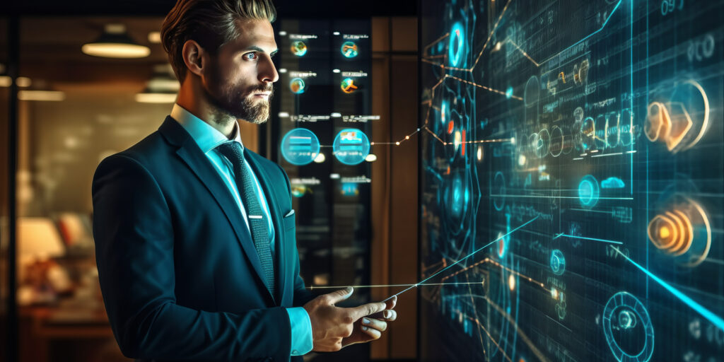 Man viewing AI screen.