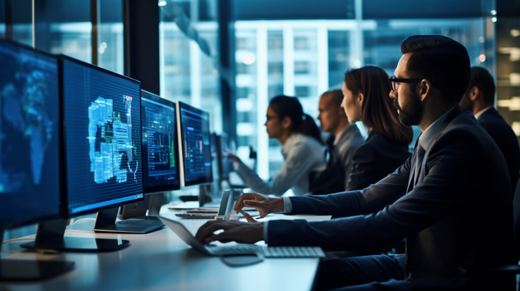 A team of IT professionals working on computers